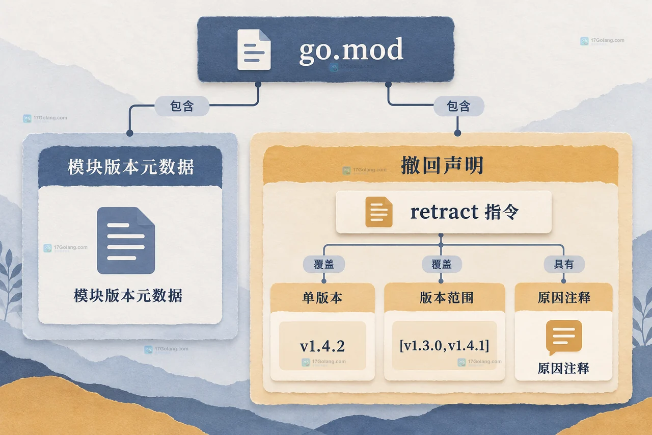 Go 更高版本承载 retract 信息并连接 @latest、-retracted 与 go list -m -u 的静态关系图