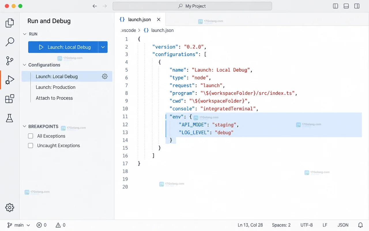VS Code 选中 Launch Local Debug 后的调试会话、Debug Console 和 Variables 环境变量状态
