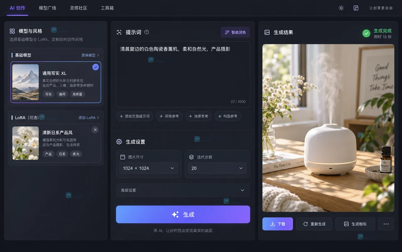原创的 LiblibAI 在线生图工作区,展示模型选择、提示词、参数和生成结果