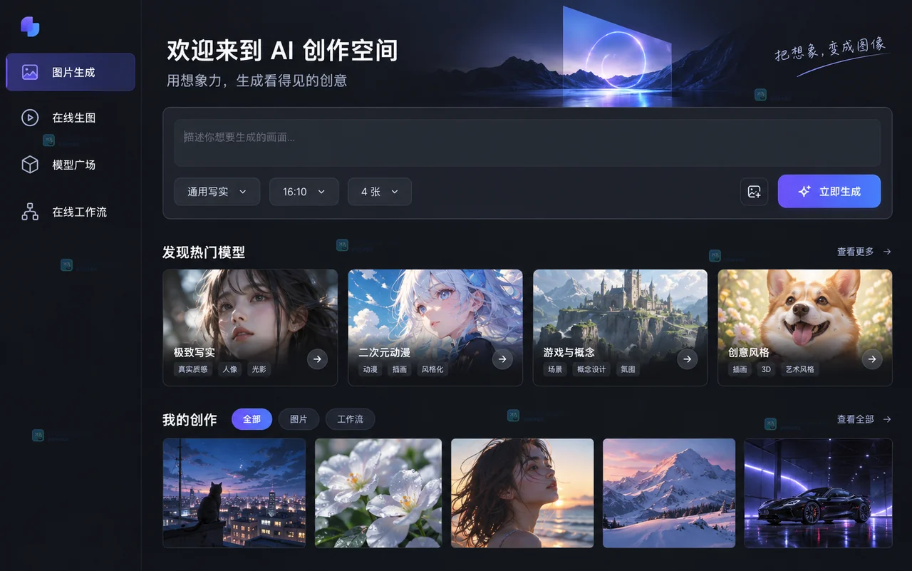原创的 LiblibAI 创作平台功能入口界面,展示图片生成、模型和工作流区域