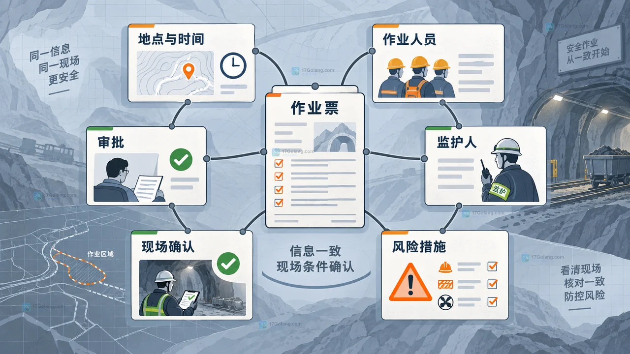矿山外包进场核对图,展示承包单位、项目部名册、人员岗位、作业范围和安全协议如何对应到进场核对结果