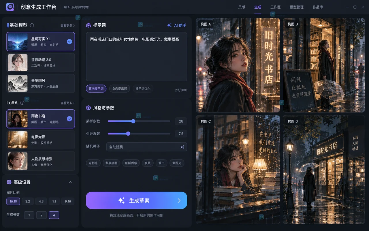 原创的 LiblibAI 插画创意工作区,展示模型、LoRA、提示词和多构图草案