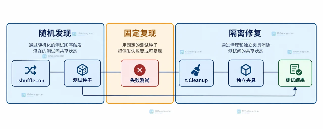 Go test -shuffle 静态关系图，展示测试注册表中的 TestCreate、TestRead 如何共同依赖共享 map