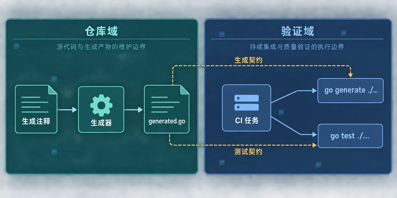 Go generate 与 go test 的生成域和测试域静态关系框图