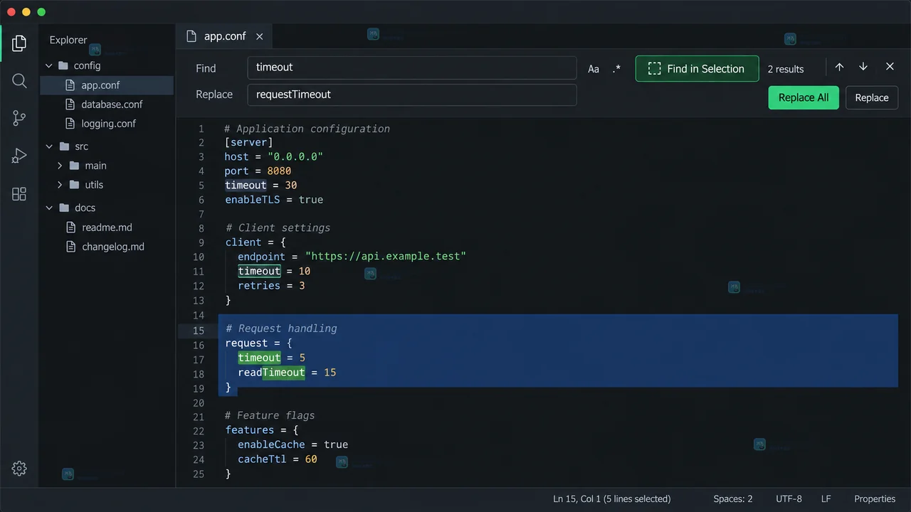 VS Code 编辑器保留高亮选区并打开 Find 和 Replace 控件的入口状态