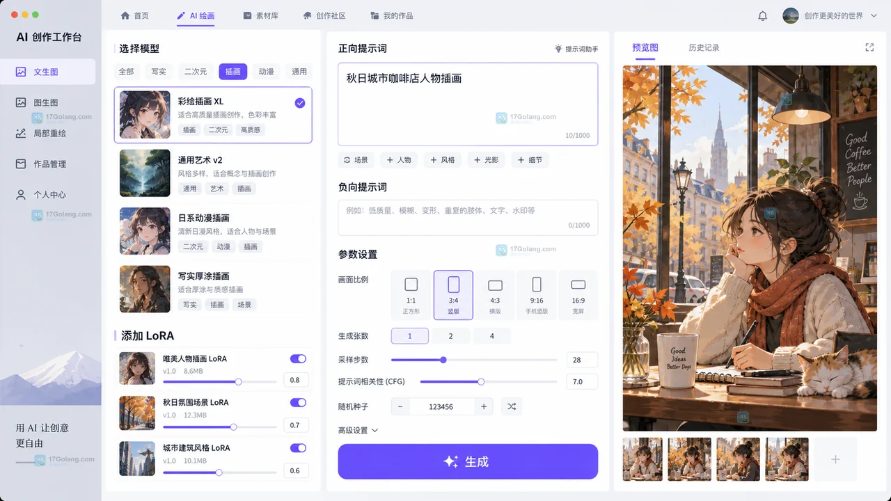 原创的 AI 插画工作台界面,展示基础模型、LoRA、提示词和画面比例设置