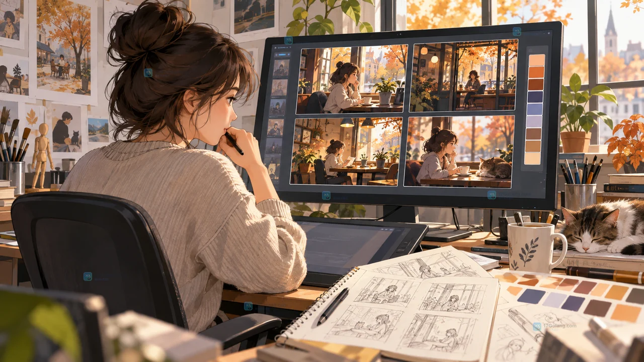 原创插画工作室场景,插画师正在比较同一主题的多种构图与色彩候选