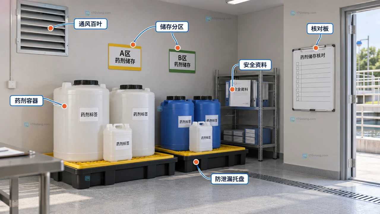 小型污水站药剂储存间将药剂标签、安全资料、分区储存和防泄漏措施放在同一张核对视图中