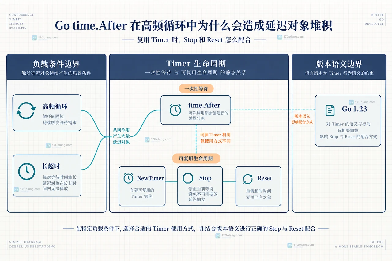 Go time.After 高频循环中 select、Timer、Timer.C 与 GC 可达性的静态关系框图