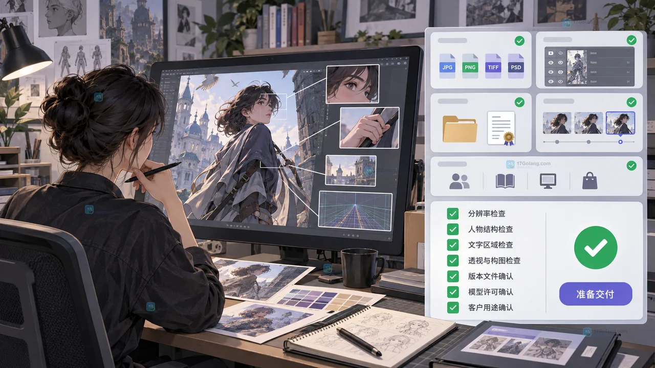 原创插画交付检查场景,展示分辨率、人物结构、透视、版本文件和模型许可核对