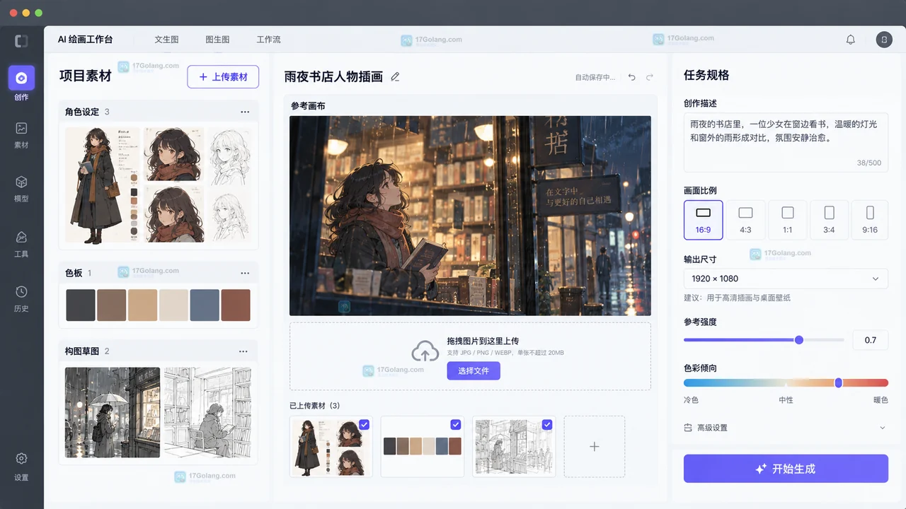 原创 AI 插画工作台界面,展示角色设定、色板、构图草图上传与任务规格设置