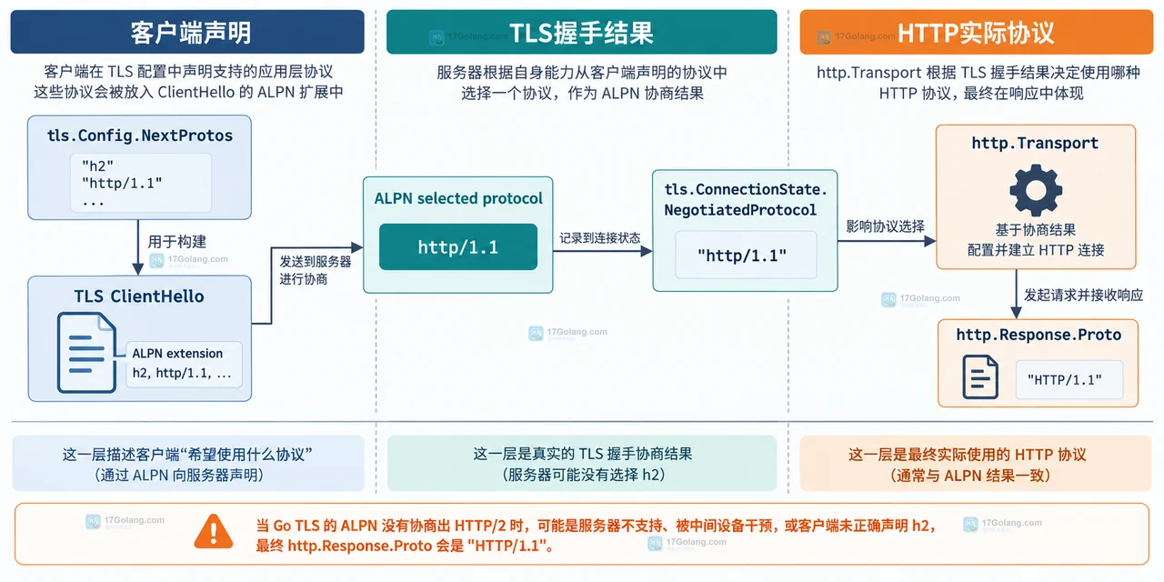 Go HTTP/2 over TLS 客户端 Transport 与服务端 TLS 配置边界检查图
