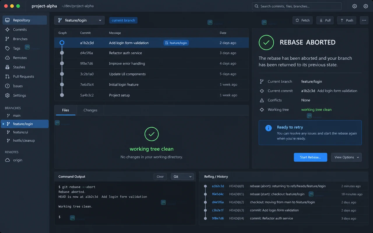 Git rebase 冲突暂停时的原创桌面操作界面,侧栏显示变基状态和冲突文件