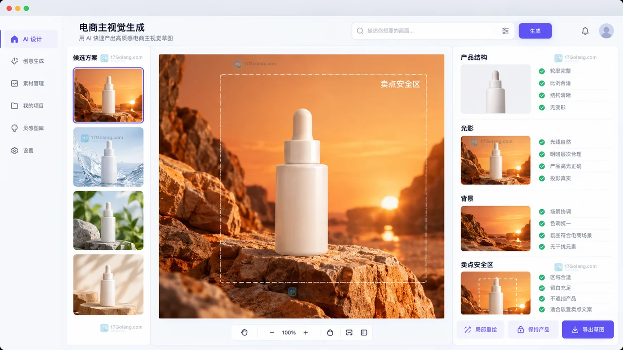 原创 AI 电商结果页,展示候选方案、产品结构、光影、背景和卖点安全区检查