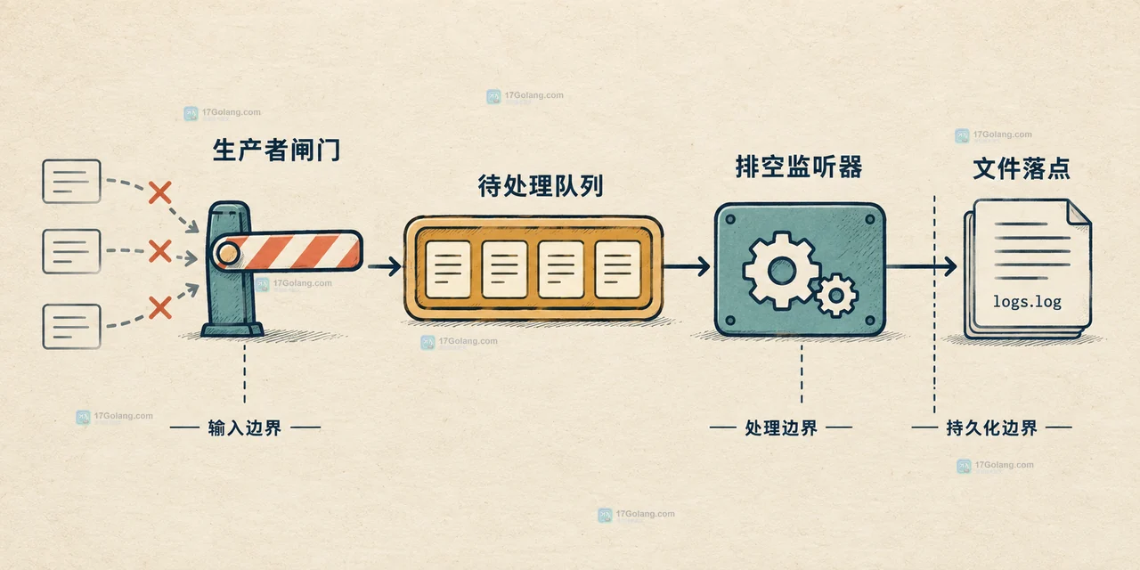 Python QueueHandler、日志队列、QueueListener 与 FileHandler 的排空边界结构图