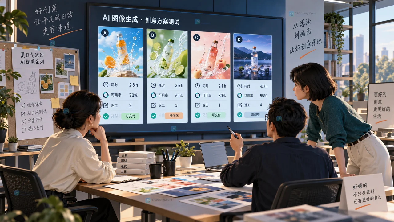 设计团队用耗时、可用率、返工和交付状态评估四组 AI 主视觉候选