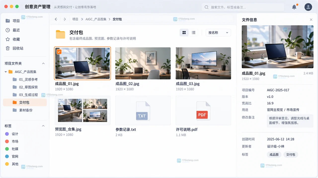设计资产交付包包含成品图、参数记录、许可说明和修改备注