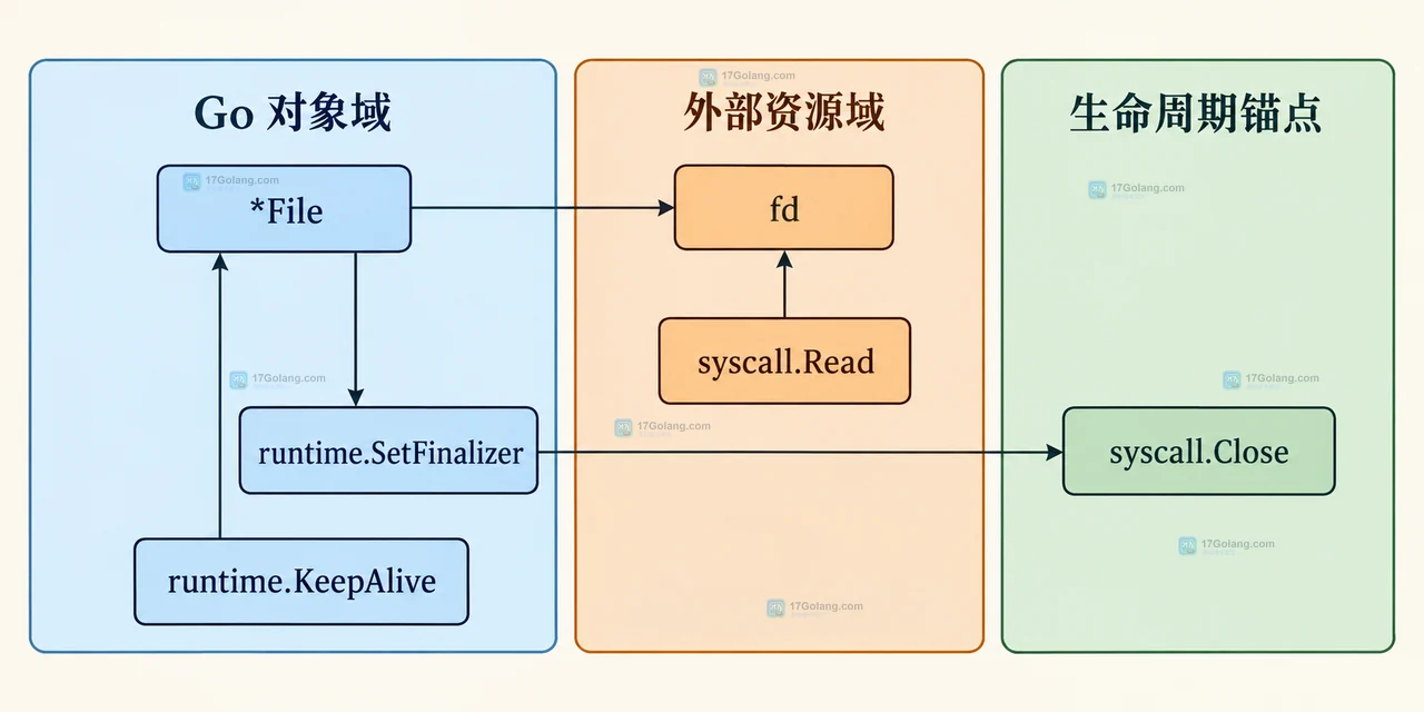 Go syscall.Read、runtime.KeepAlive、错误判断与 finalizer 的调用边界静态框图