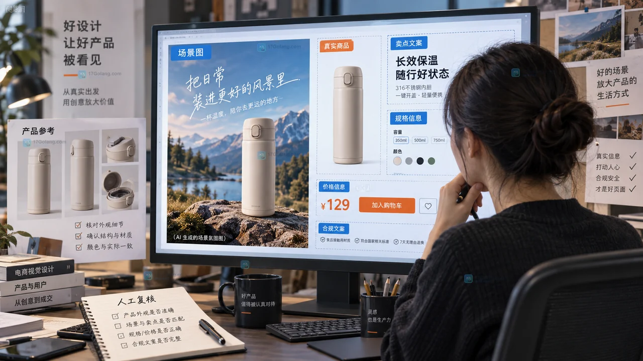 电商美工在详情页版式中分别检查场景图、真实商品、文案和规格信息