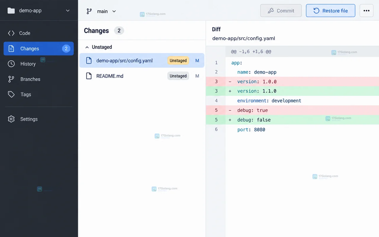 Git restore 恢复单文件后的 Changes 列表,目标文件清除而 README 修改仍保留