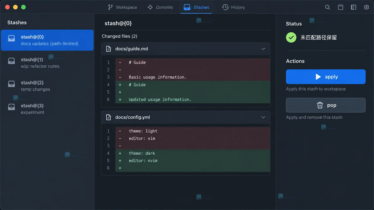 Git 工作台中选择 docs 目录并在 pathspec 后执行 git stash push 的操作状态