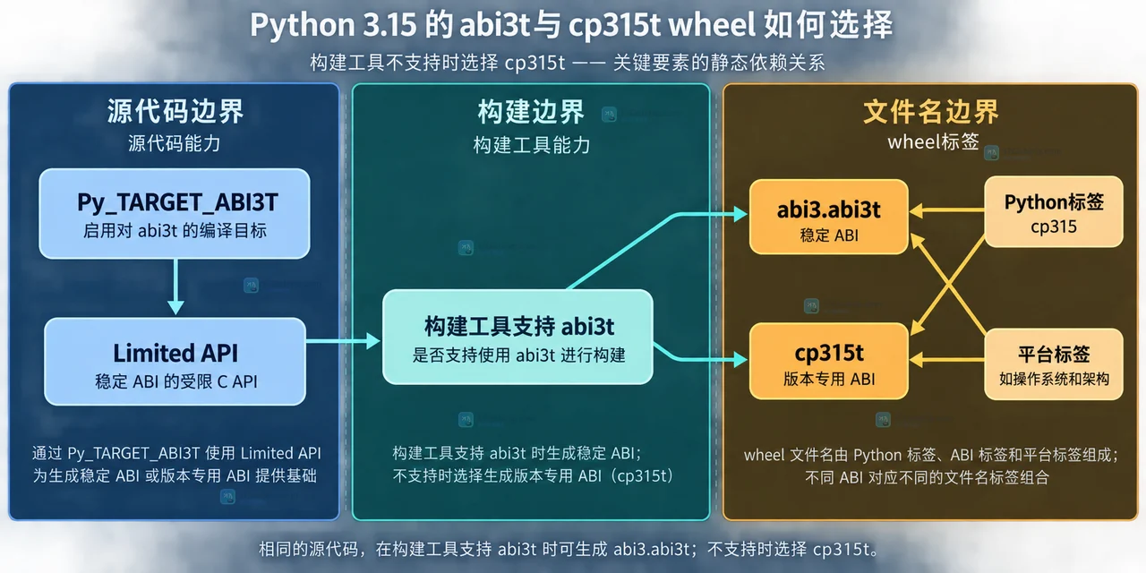 Python 3.15 中 abi3、abi3t 与 cp315t 的运行时兼容边界和 wheel 标签关系