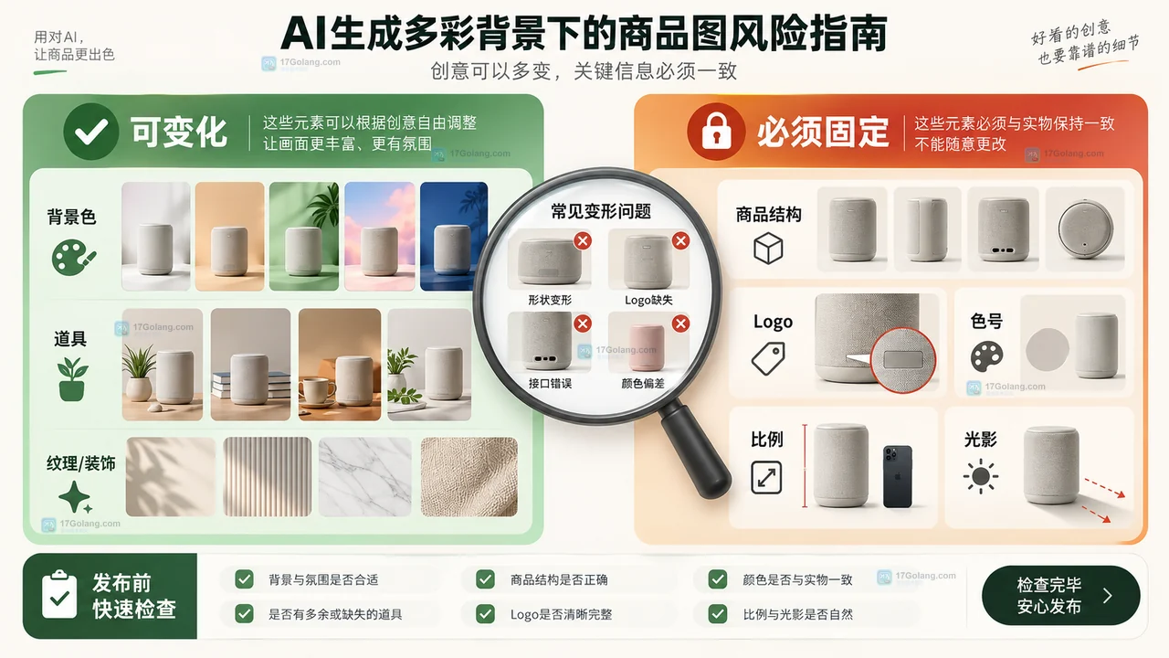 AI 多彩背景中可变化的背景、道具和纹理,以及必须固定的商品结构、Logo、色号、比例和光影