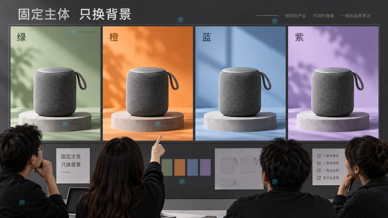 同一个虚构音箱主体在绿色、橙色、蓝色和紫色四种统一构图背景中展示