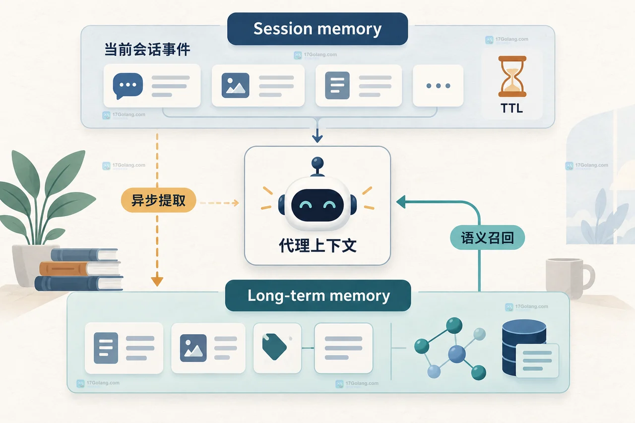 Redis Iris Agent Memory 将当前会话事件与跨会话长期记忆分层保存并按语义召回的关系图