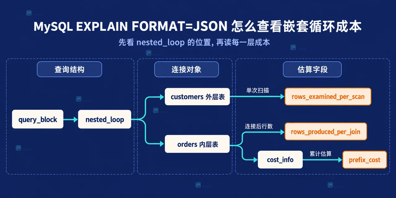 MySQL JSON 执行计划中 query_block、nested_loop、外层表、内层表和成本字段的静态关系图
