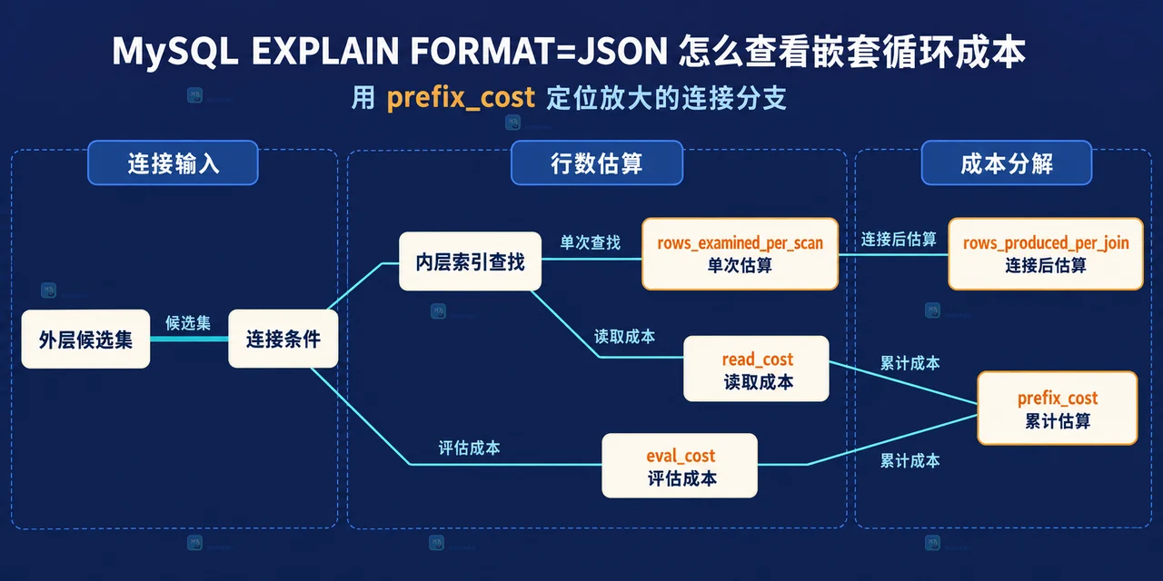 MySQL 嵌套循环中外层候选集、内层索引查找与 prefix_cost 累计关系图