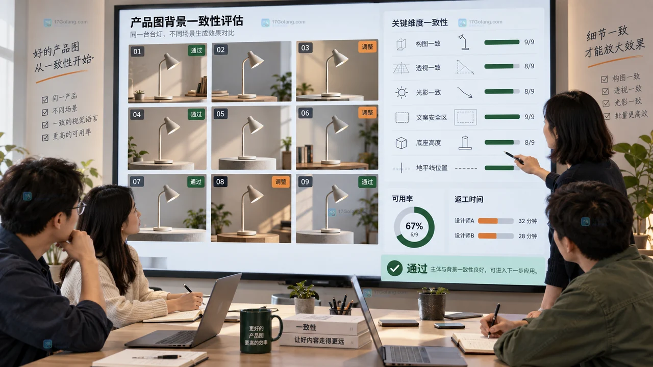 同一台灯九张背景候选的构图、透视、光影、可用率和返工时间评估