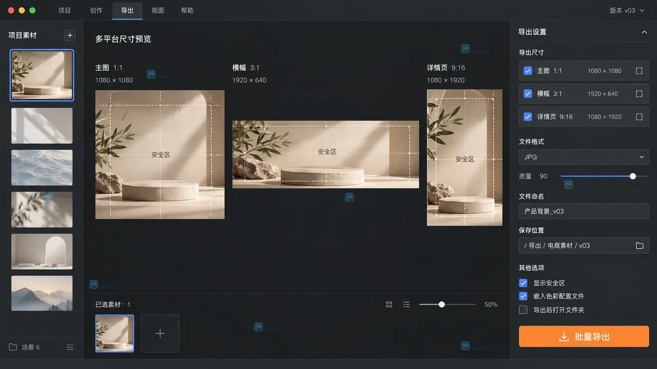 电商背景导出界面同时预览方形主图、超宽横幅和竖向详情页安全区