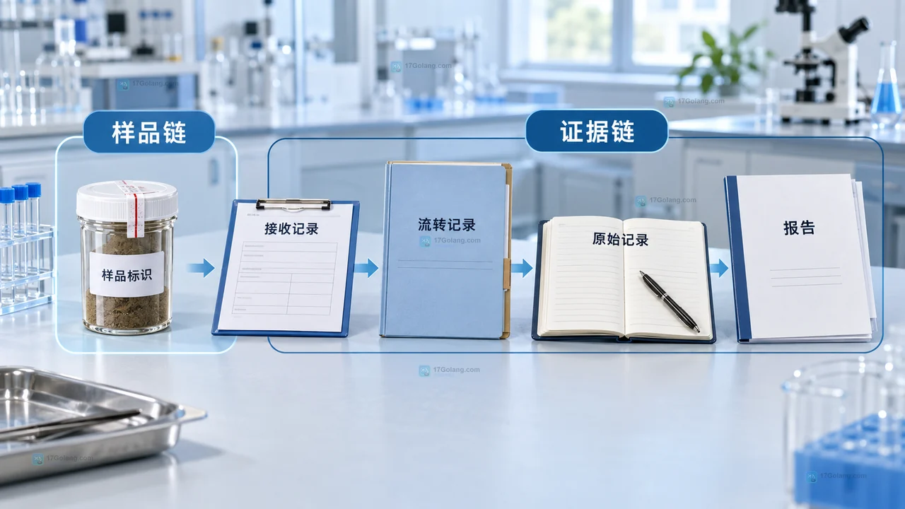 检测报告审核时从样品、方法、设备和原始观察回指结果与结论的核对图