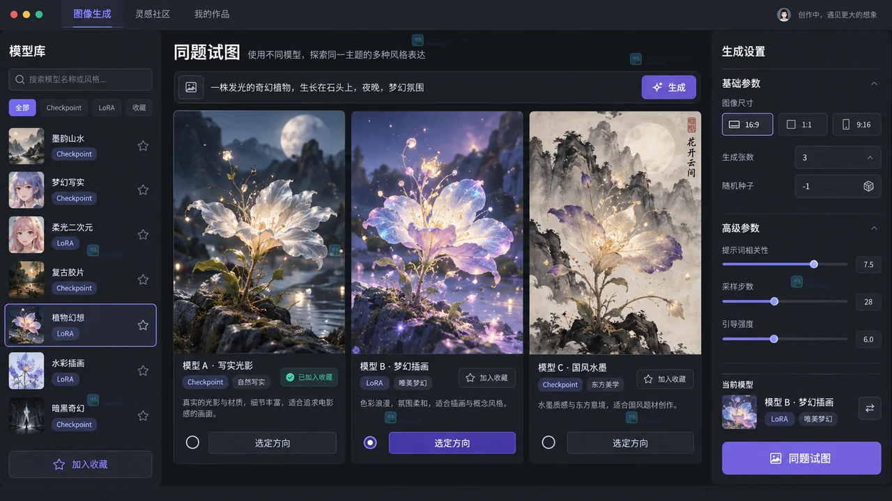 AI绘画爱好者在模型库中对同一主题进行三种模型风格比较