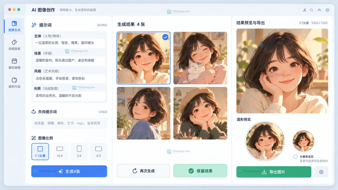 AI头像生成界面的提示词、四图结果、圆形预览与导出状态