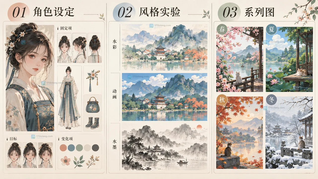 角色设定、风格实验与系列图三种AI绘画练习对照