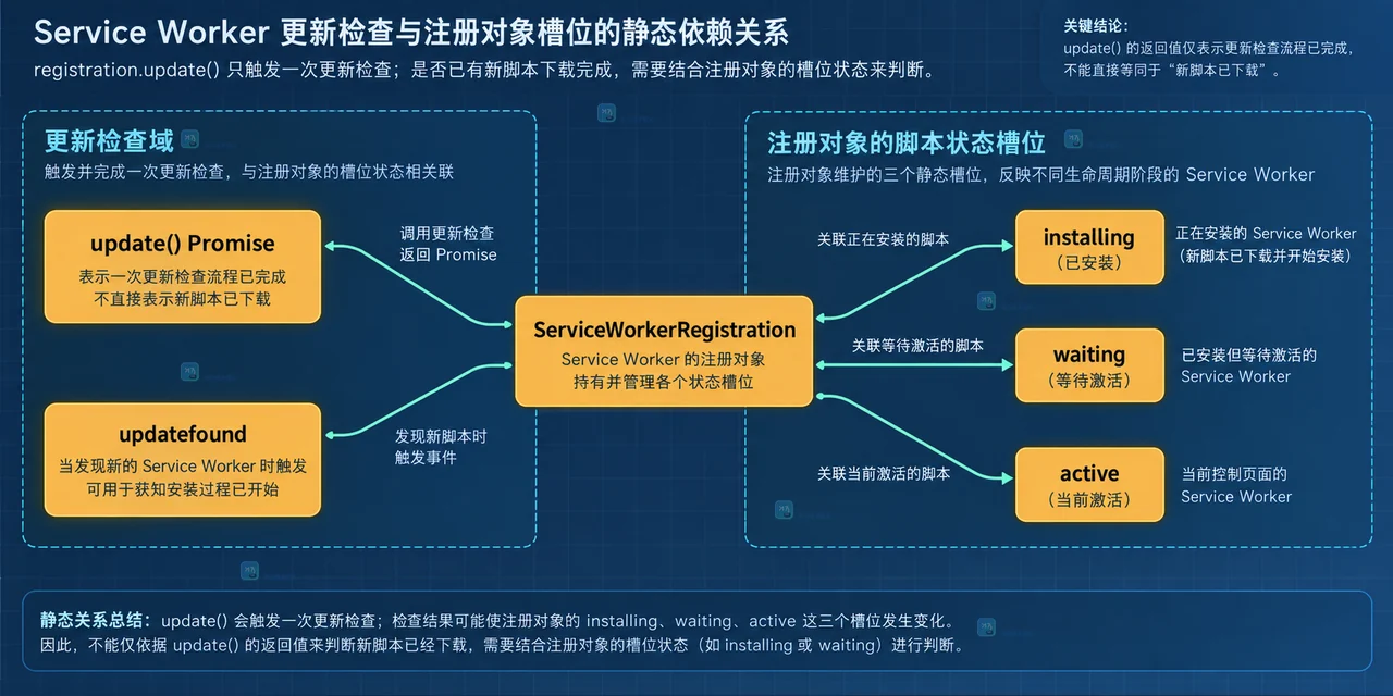 新 ServiceWorker 通过 statechange 连接 installing、installed、waiting、active 和 controlled page 的静态关系图