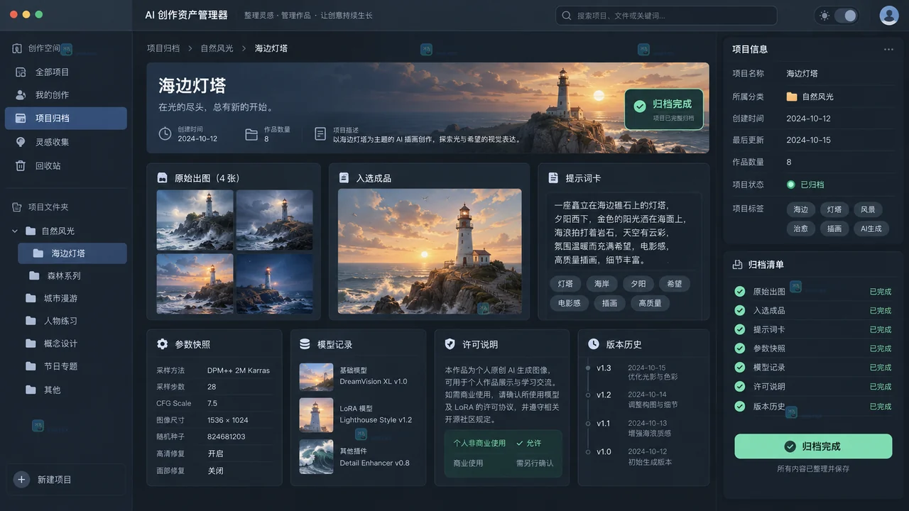 AI绘画项目归档界面包含原始出图、成品、提示词卡、参数与许可记录
