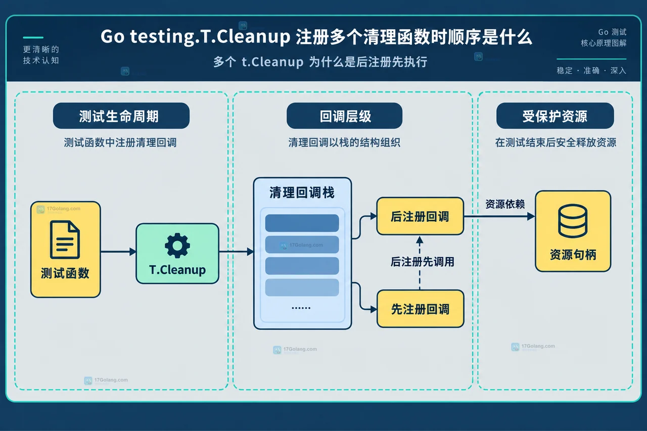 Go 父测试 T、子测试 T、父级和子级 Cleanup 栈以及共享记录的清理边界关系图