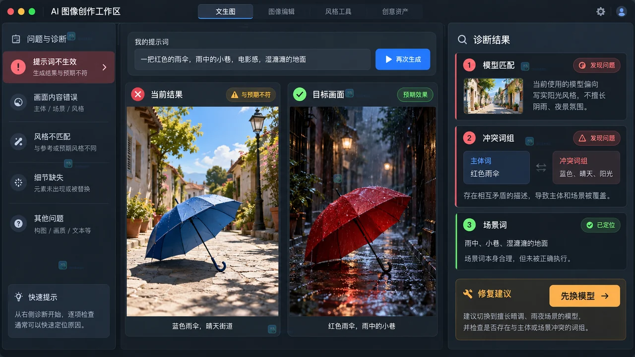 文生图提示词不生效时的模型匹配与冲突词组诊断界面
