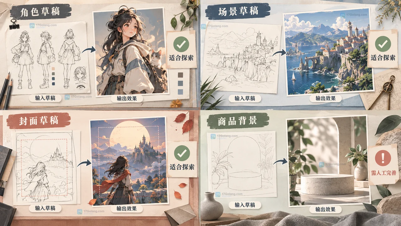 角色、场景、封面与商品背景四类文生图视觉草稿示例