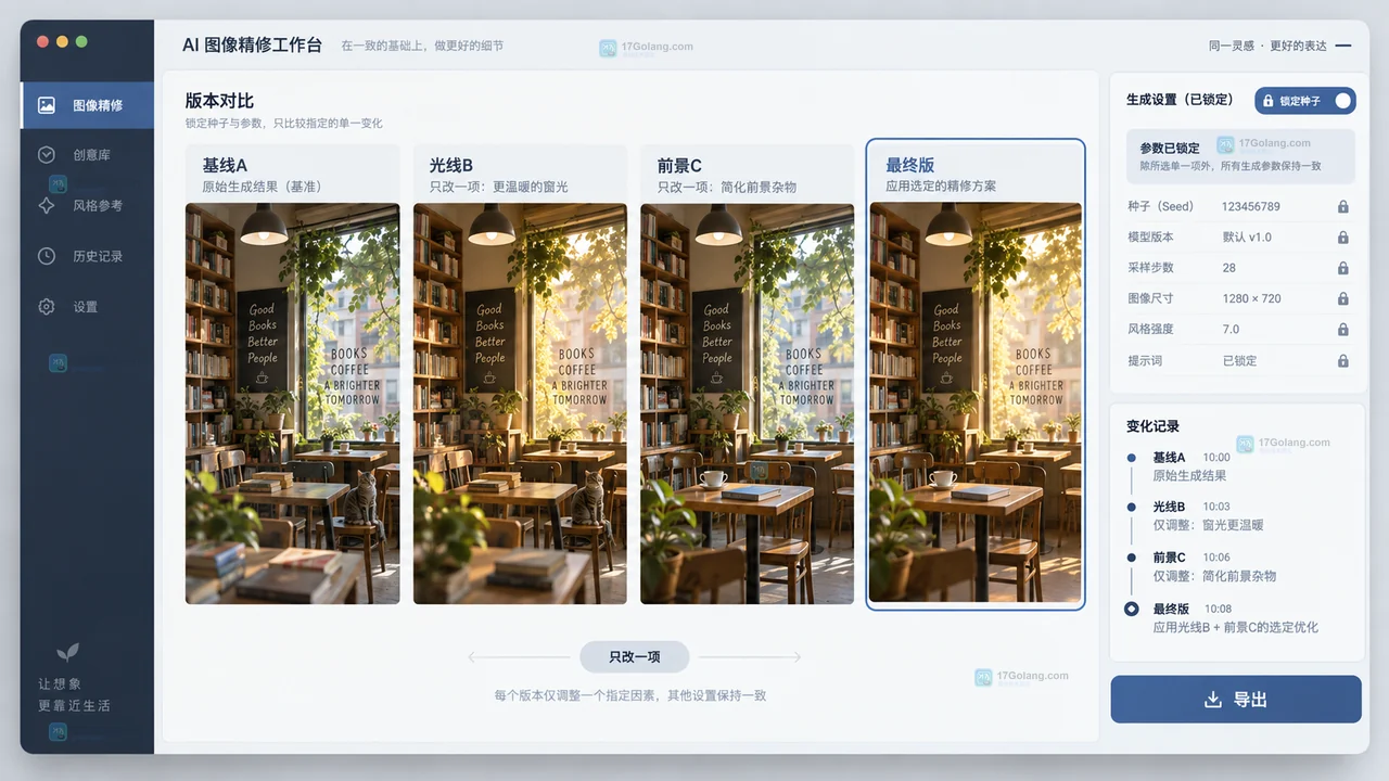 LiblibAI锁定种子后的单变量精修流程示意