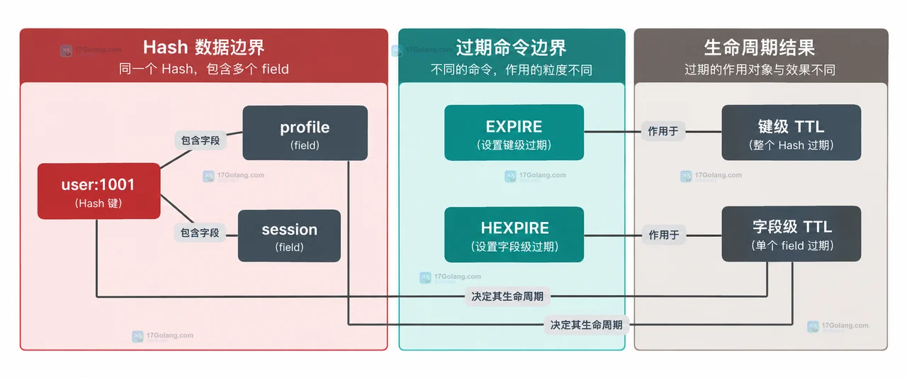 Redis Hash key 通过 HSET 写入 field:profile 和 field:session,再由 HEXPIRE、HPEXPIRE、HEXPIRETIME、HPERSIST 管理字段 TTL 的关系图