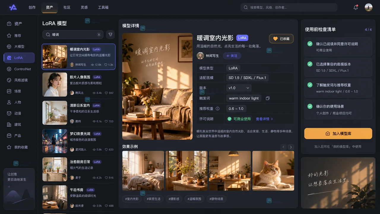 LiblibAI LoRA模型详情、适配底模与加入模型库操作示意
