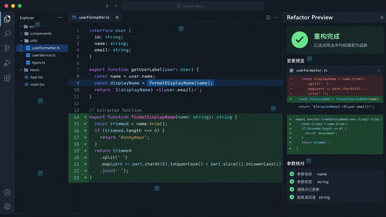 VS Code TypeScript 编辑器选中代码并打开 Extract to function Code Action 菜单的入口状态