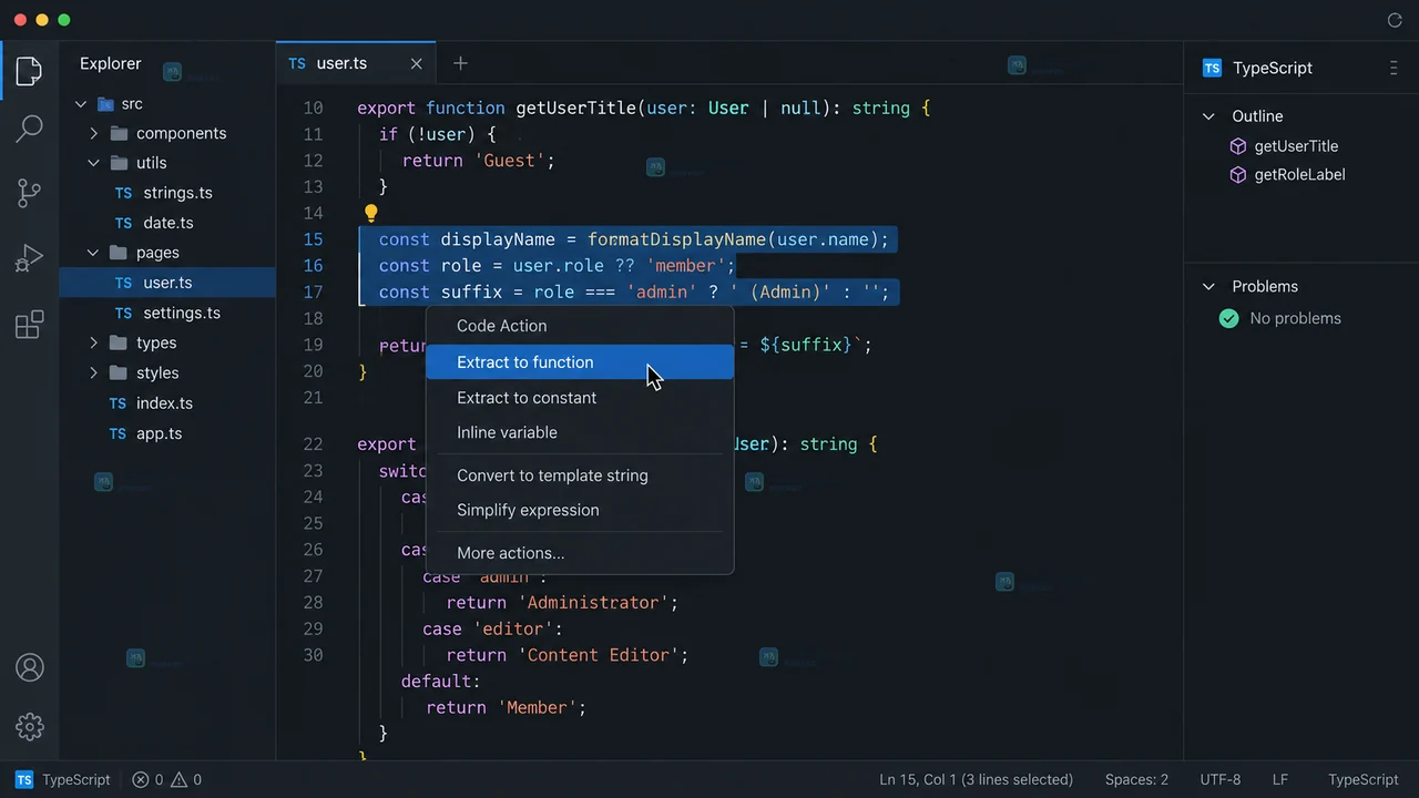 VS Code 完成 Extract to function 后显示调用点、新函数、参数返回值和 Refactor Preview 的结果状态