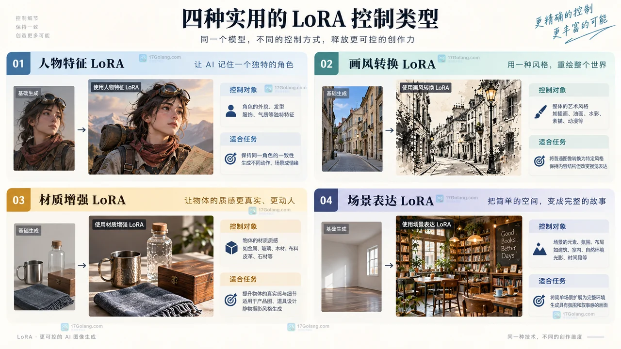 LiblibAI人物特征、画风、材质与场景四类LoRA适用任务对照