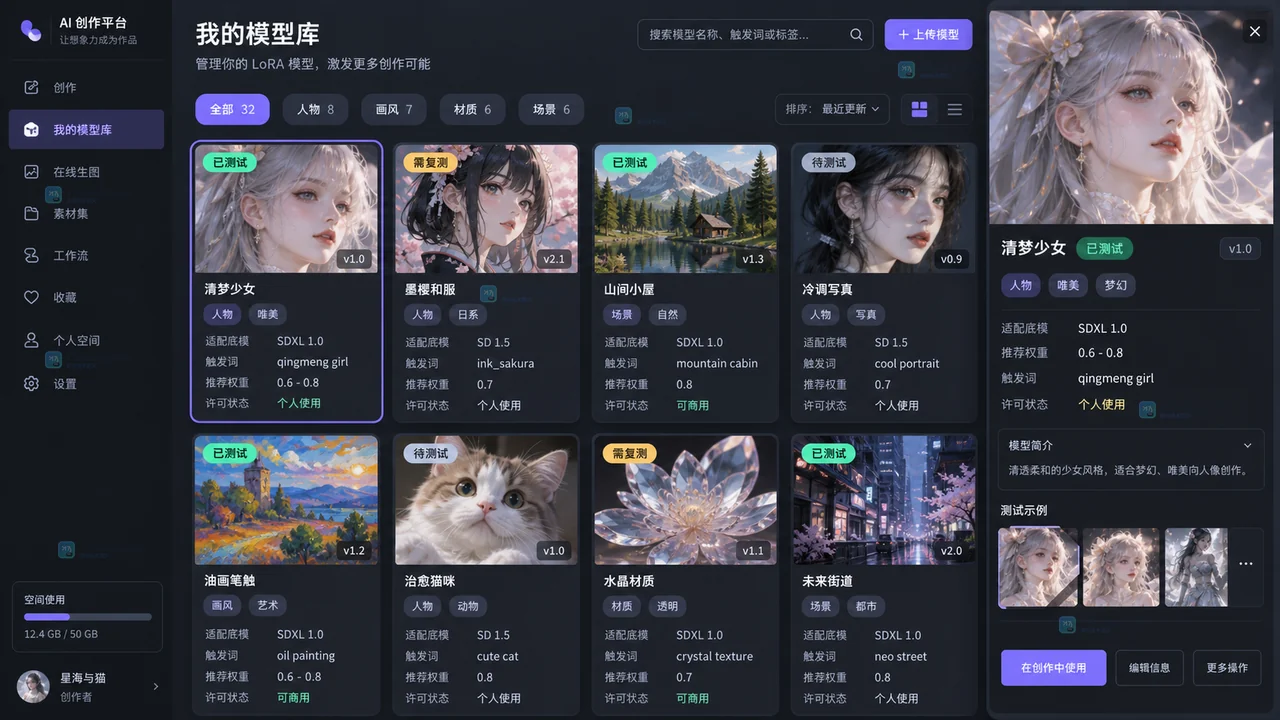 LiblibAI多LoRA按用途标签、测试状态和模型信息卡管理示意