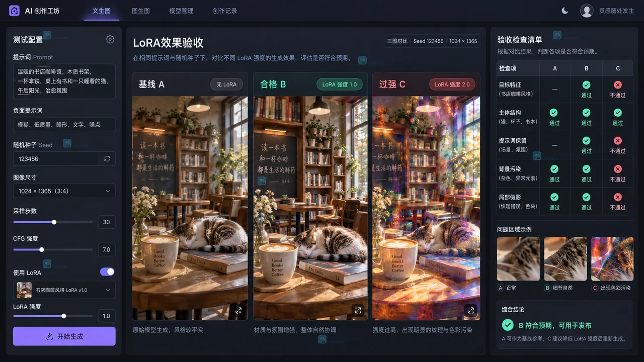 LiblibAI无LoRA基线、合格权重和过强权重的效果验收对照